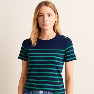 J.Crew Navy & Green Striped Cotton T-Shirt Woman Medium | Coastal‎ Beachy Preppy